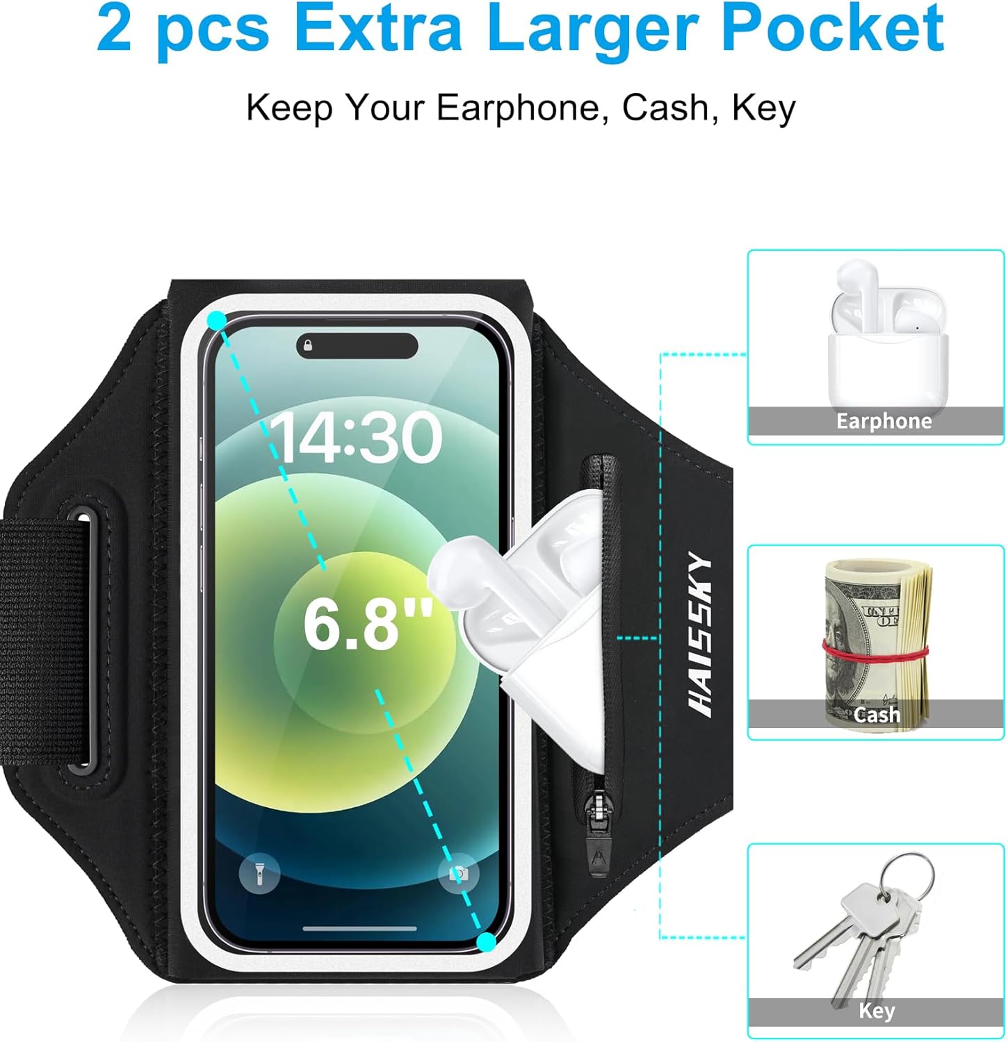 Arm Band for Phone for Running with Earphone Bag, Cell Phone Holder Case for iPhone 16 15 14 13 12 11 Pro Max Galaxy S21-S24 Ultra Waterproof Armband with Car Home Key