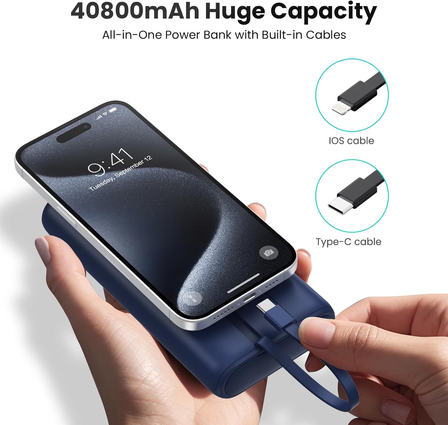 Portable Charger 40,800mAh Power Bank 25W Portable Battery Pack with 2 Built in Cables [2024 Upgraded], PD QC4.0 Fast Charging Portable Phone Charger Compatible with iPhone 16/15,Android Samsung-Navy