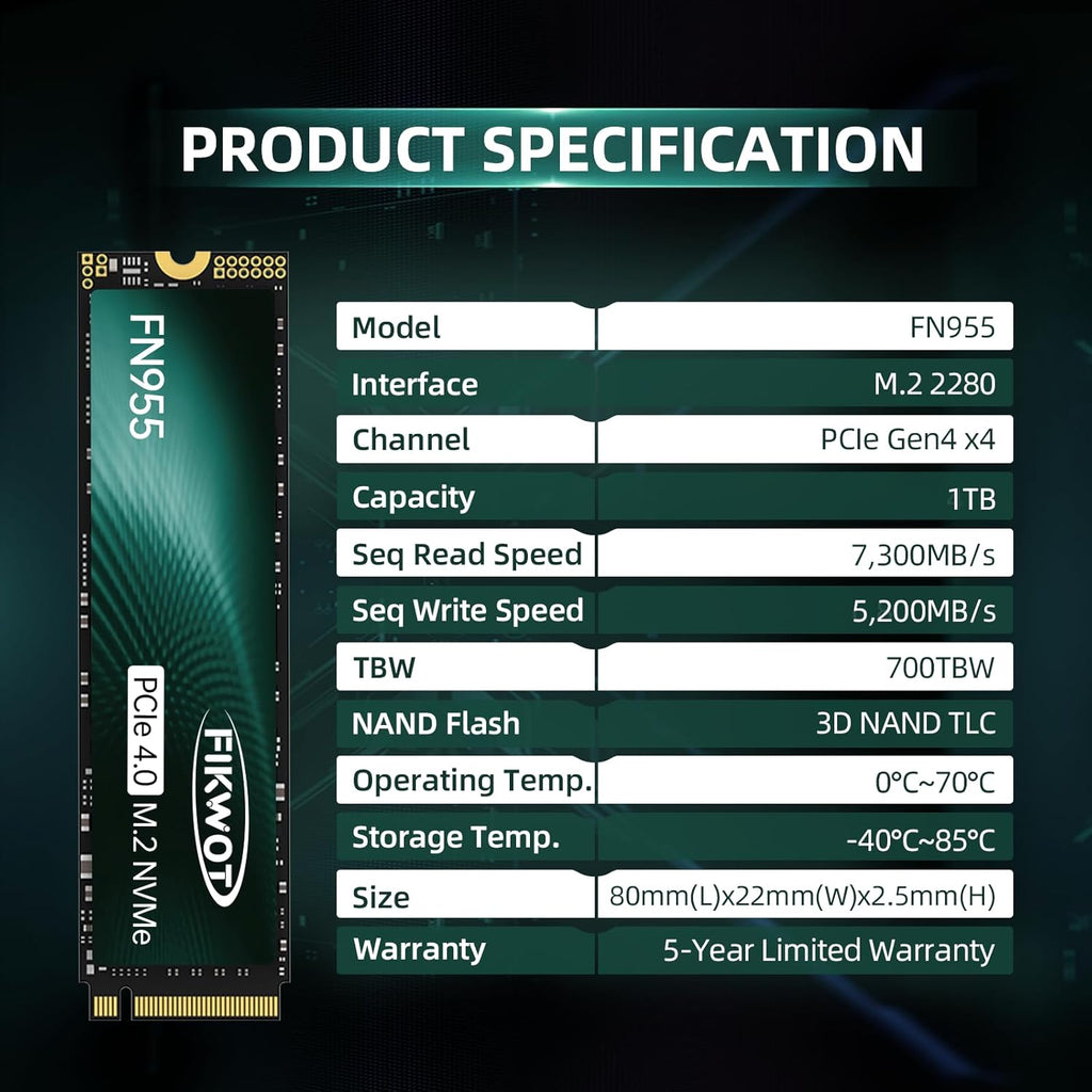 FN955 1TB NVMe SSD M.2 2280 PCIe Gen4x4, Up to 7300MB/s, 3D NAND TLC Flash Internal Solid State Drive, Configure SLC Cache, Storage and Memory Expansion for PS5 Laptop Desktop