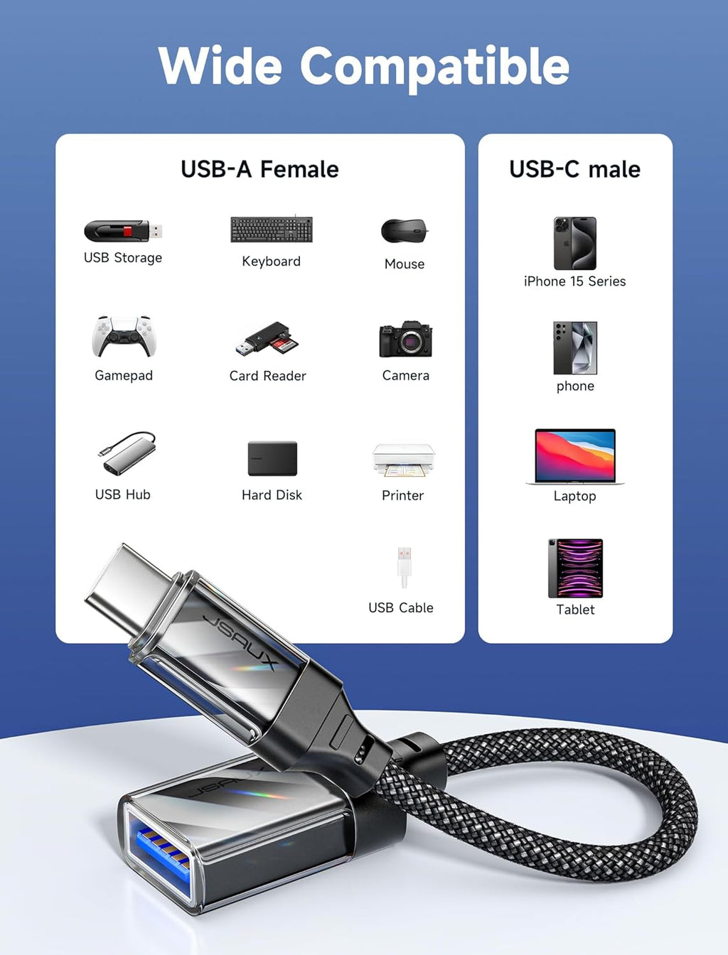 JSAUX USB to USB C Adapter [2 Pack], USBC OTG Compatible with MacBook Pro/Air, iPhone 15 Pro Max, Samsung Galaxy S24/S23/S22/S21 and More USB C Devices-Crystal Black