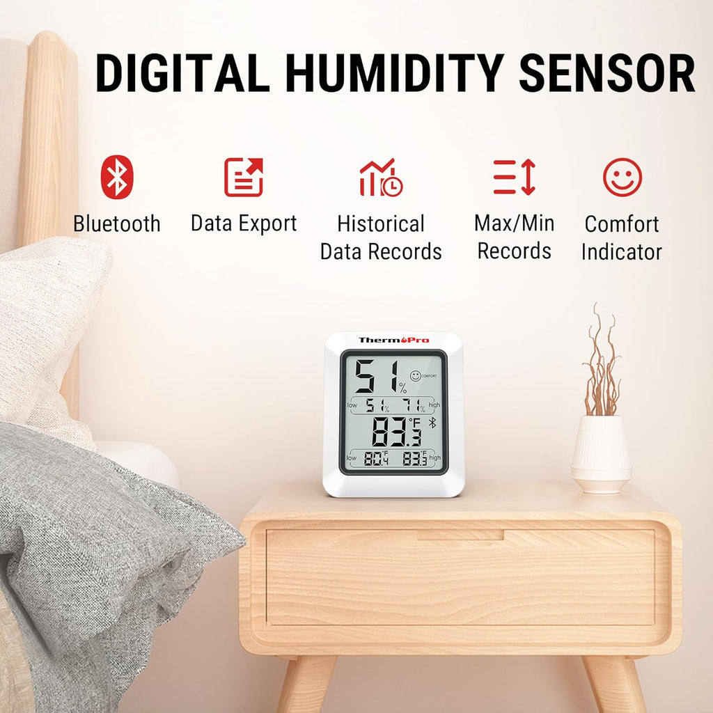ThermoPro Hygrometer Thermometer for House TP350, Bluetooth Room Indoor Greenhouse Thermometer Monitor Up to 260FT, Backlit Humidity Meter Temperature Sensor with 2-Year Data Export, 2 Pack