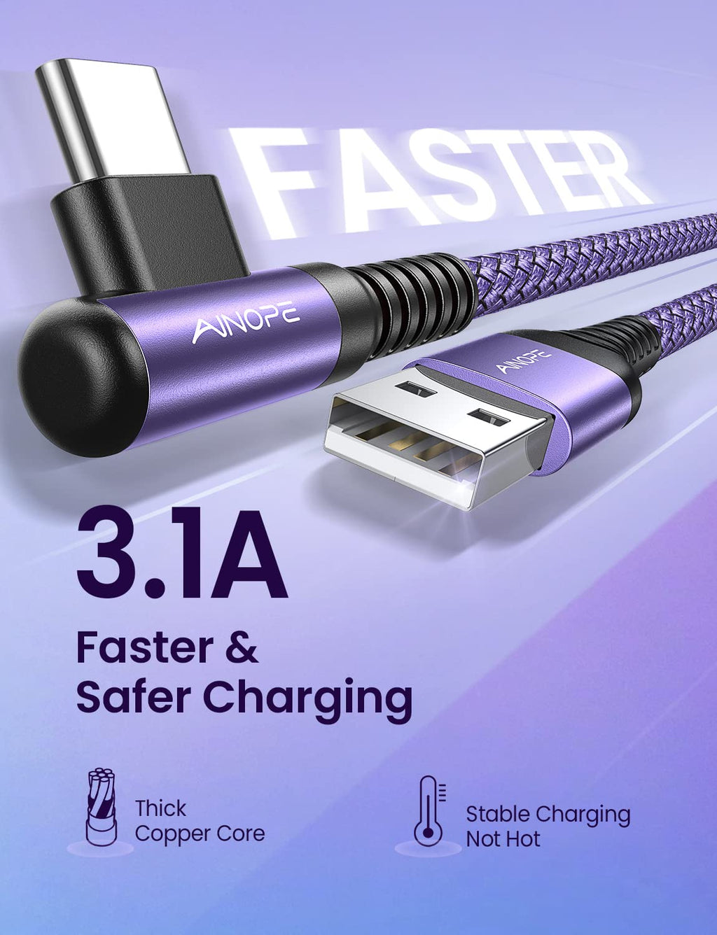 AINOPE 4-Pack [10/6.6/3.3/3.3ft] USB C Cable, 3.1A C Charger Cable Fast Charging, Right Angle Type C Charger Nylon Braided Compatible with Galaxy S10 S9 S8 Plus S21 S20, Note 10 9 8, LG Google Pixel