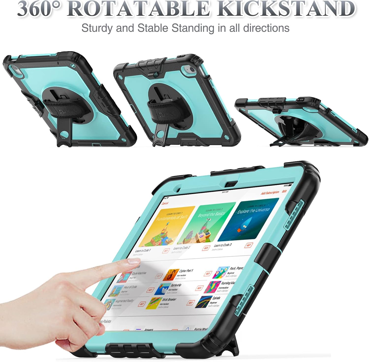 SEYMAC stock Case for iPad (A16) 11th/10th Generation 11''/10.9'' 2025/2022, Full-Body Drop Protection Case with Screen Protector &360° Rotate Hand Strap/Stand, Brightblue+Black