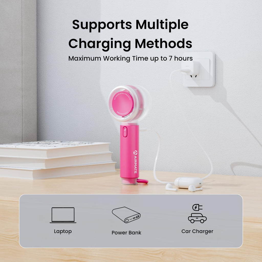 AIRMATE Portable Handheld Fan, 5 Wind Speed Adjustable, 3000mAh Battery Rechargeable, Durable Motor, 13000RPM Super Powerful Wind, Personal Turbo Hand Held Mini fan for Makeup/Travel/Outdoor (Pink)