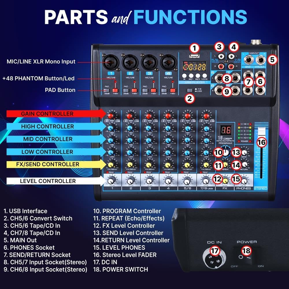 Pyle Professional Audio Mixer Sound Board Console Desk System- Interface 8 Channel Digital USB Bluetooth MP3 Computer Input 48V Phantom Power Stereo DJ Studio FX 16Bit DSP Processor, Black - PMXU83BT