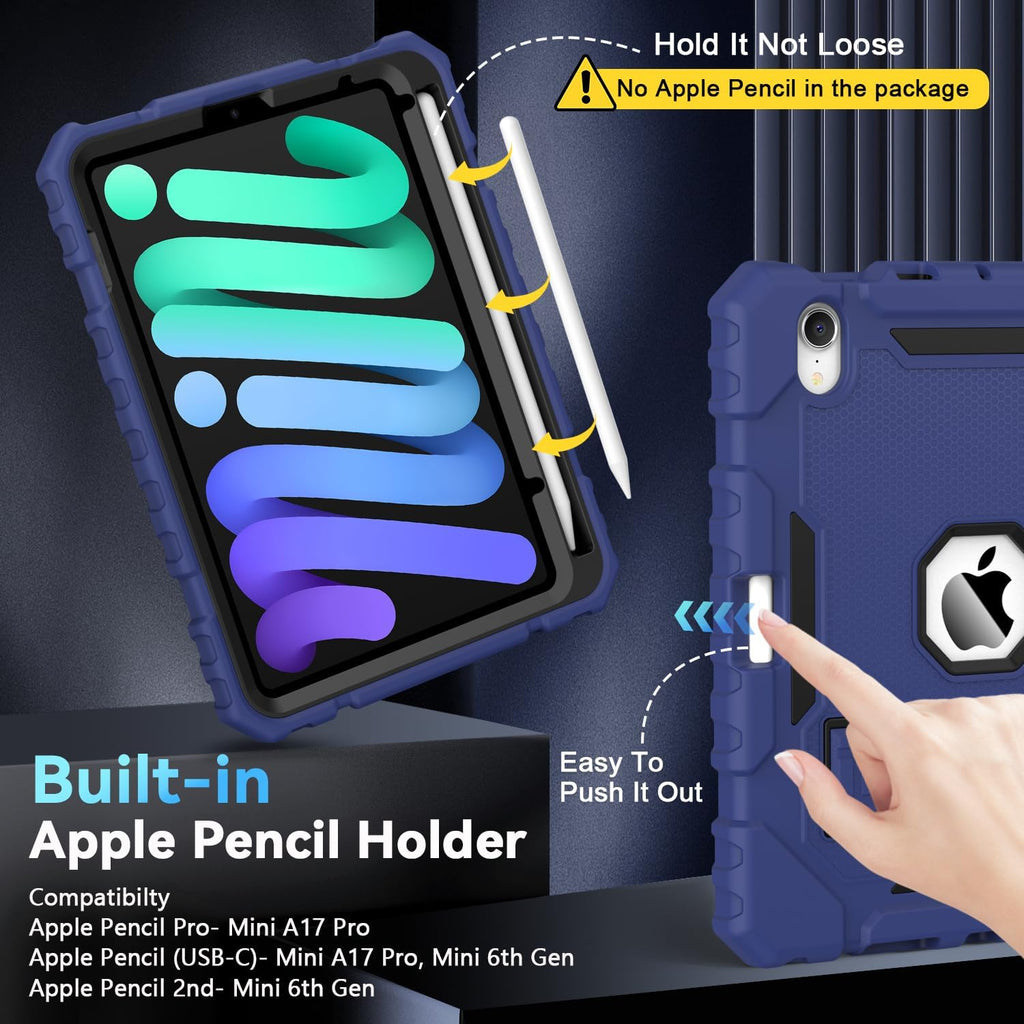 Grifobes Case for iPad Mini 7 (A17 Pro) 2024 / Mini 6 2021 8.3 inch, Heavy Duty Shockproof Rugged Cover with Pencil Holder Stand, for I Pad Mini 7th/6th Gen 8.3" Case for Kids Boys (Navy Blue)