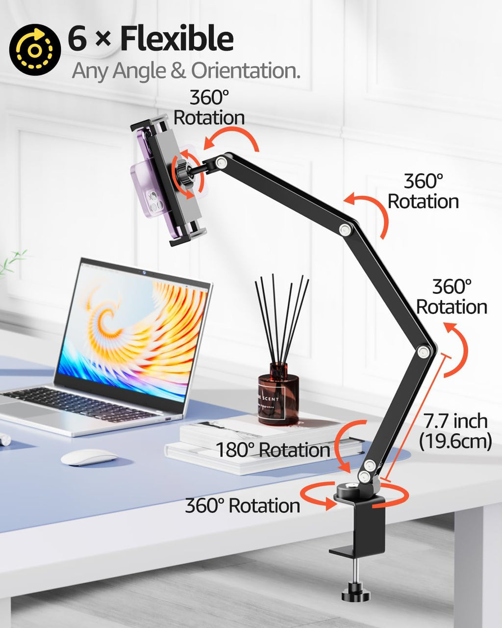 Urmust Tablet Holder Mount with Extendable Arm, Multi-Node Adjustable for 4.7-13" iPad Pro, Air, Galaxy Tab, Kindle Fire, Switch - Universal Tablet Stand for Bed, Desk & Work