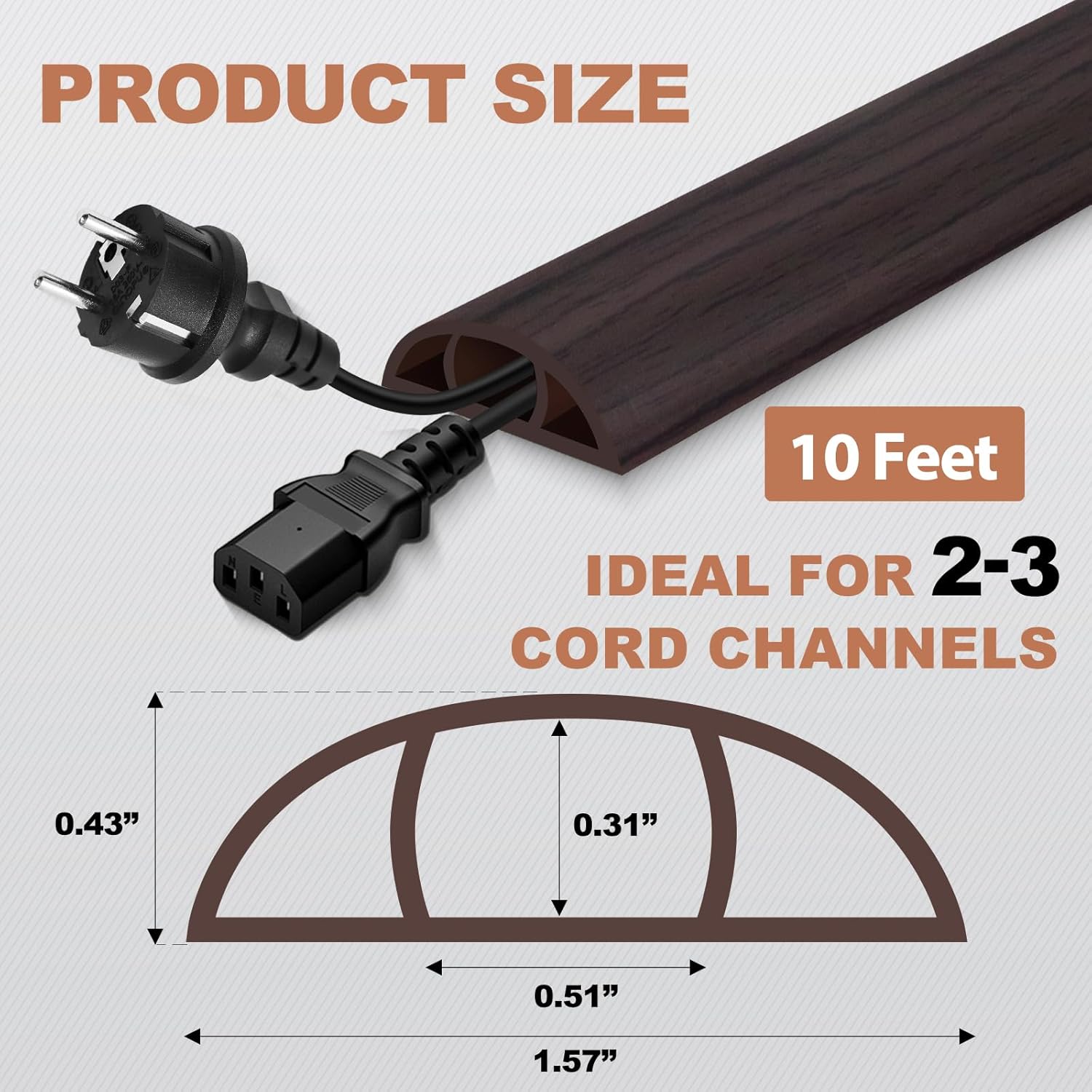 Floor Cord Cover for Wires on Floor Self Adhesive Cord Hider Floor Cable Management Wire Covers for Cords Protector Prevent Cable Trips Cord Cavity W 0.51" x H 0.31", Black Walnut, 10Ft