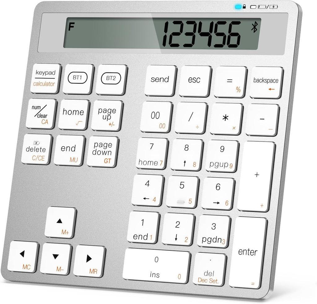 Rechargeable Wireless Number Pad for Laptop, 34 Keys Numeric Keypad with Dual Bluetooth & Display, 2-in-1 Numpad and Calculator, Slim Portable Number Pad Keyboard for Windows, Mac, PC, Tablet