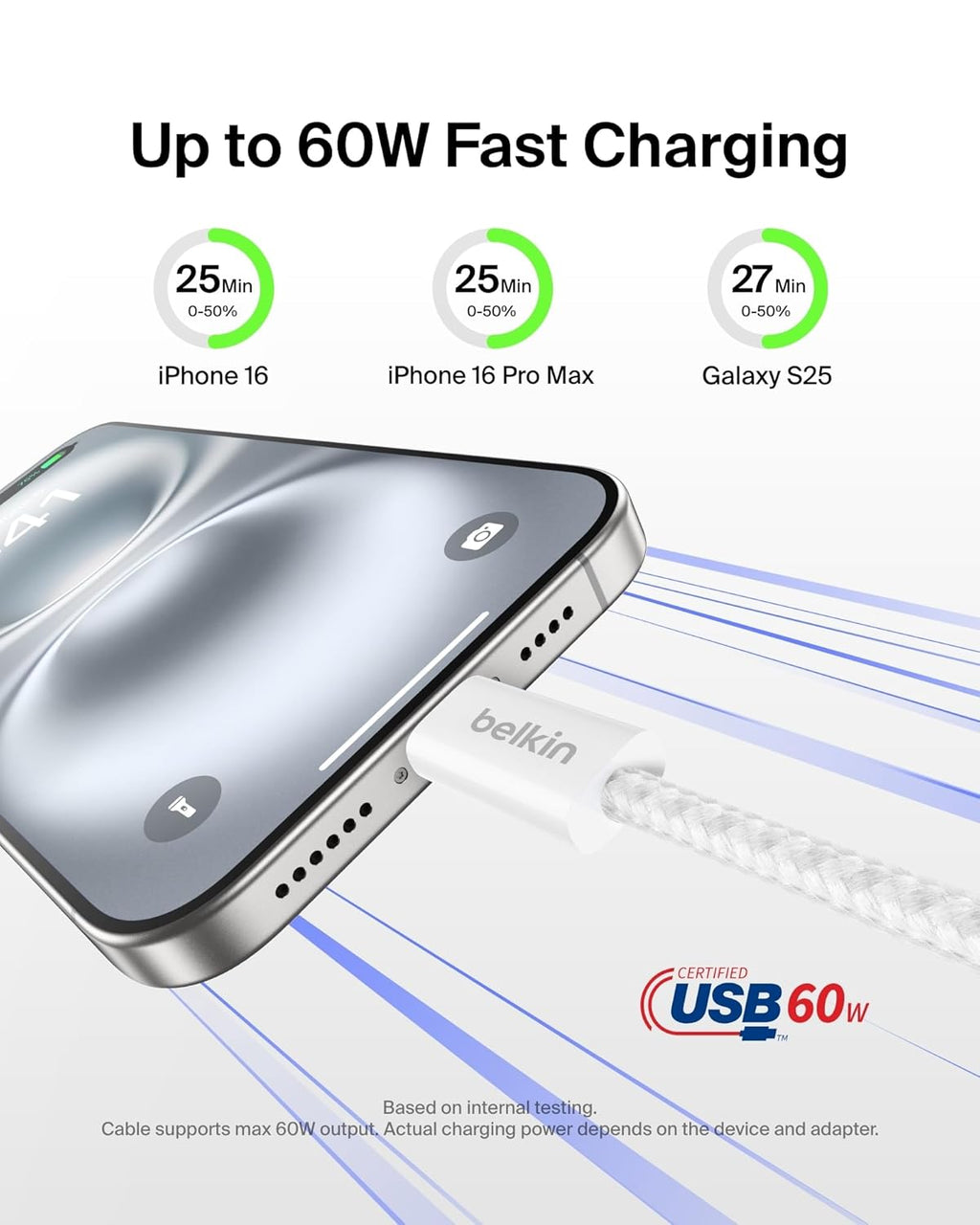 Belkin USB C to USB C Cable, 9.9ft, 60W - Type C Charger, iPhone Charger Cord, Soft, Braided, Flexible for iPhone 16, Galaxy S25, Pixel 9, Airpods, iPad Pro, Tablet & More, Travel Essentials - White