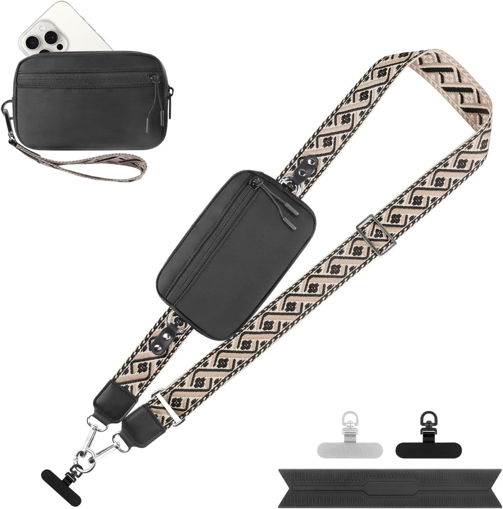 Clip and Go Strap for Phone with Wallet Crossbody, Adjustable Phone Lanyard with Detachable RFID Wristlet Wallet, Pattern Strap - Black (L)