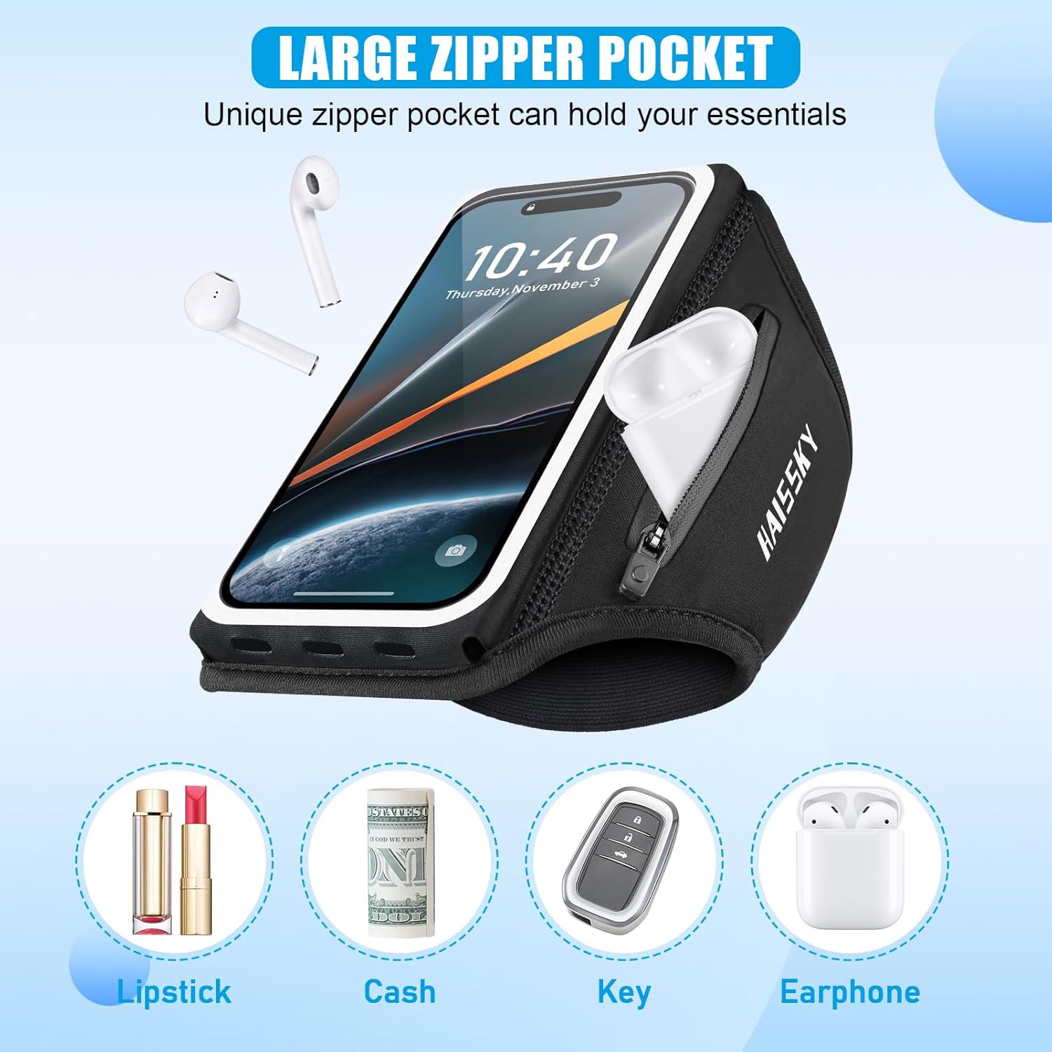 Running Phone Armband with Earphone Holder - 3D Design Cell Phone Armband for iPhone 15/14/13 Pro/Plus & Galaxy S20/S10, Water Resistant Sports Phone Holder with Key Slot for 6.9" Device