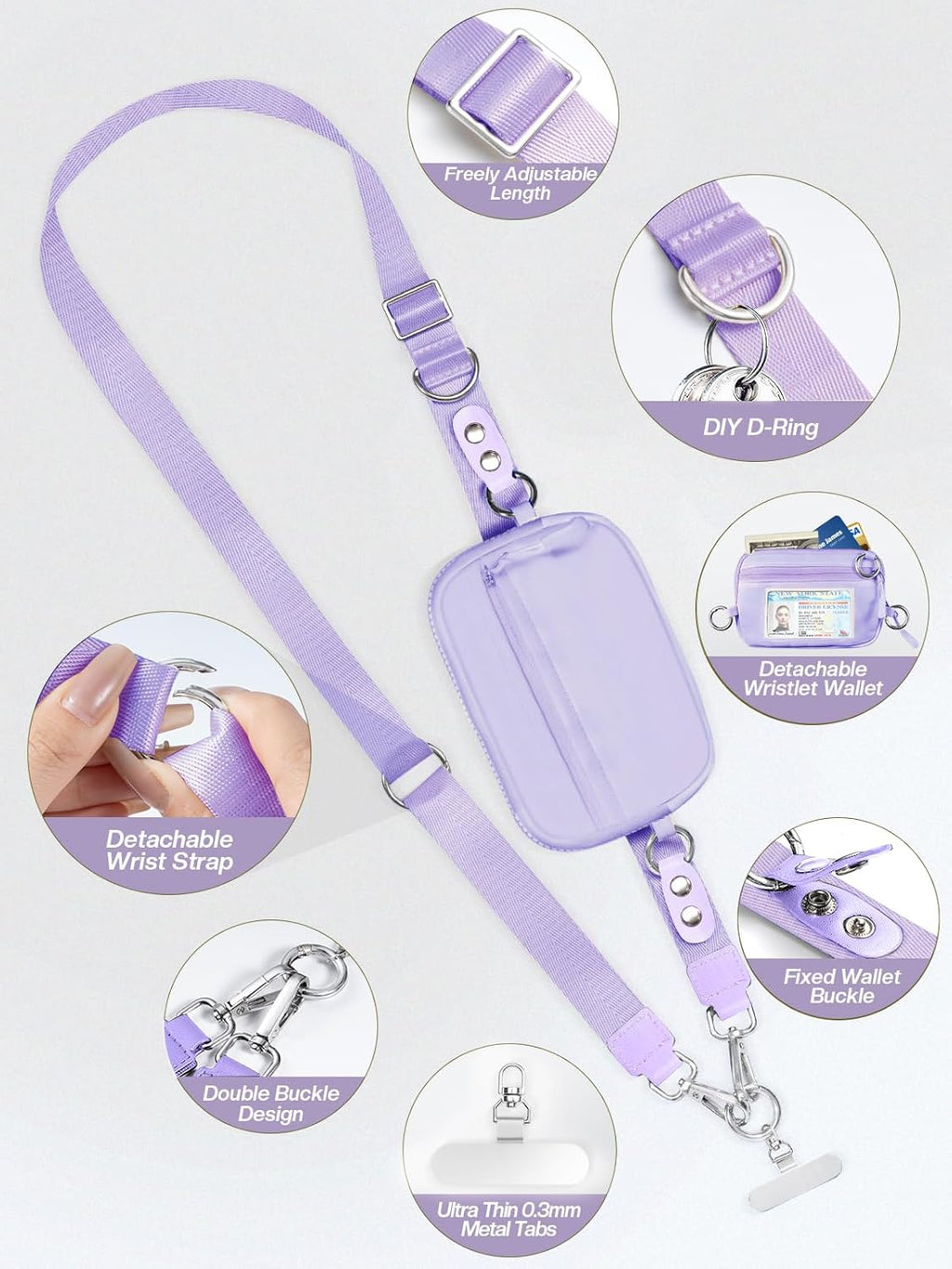 Clip and Go Strap for Phone with Wallet Crossbody Phone Lanyard Adjustable and Detachable RFID Wristlet Wallet with ID Window and Zipper, Purple Large.