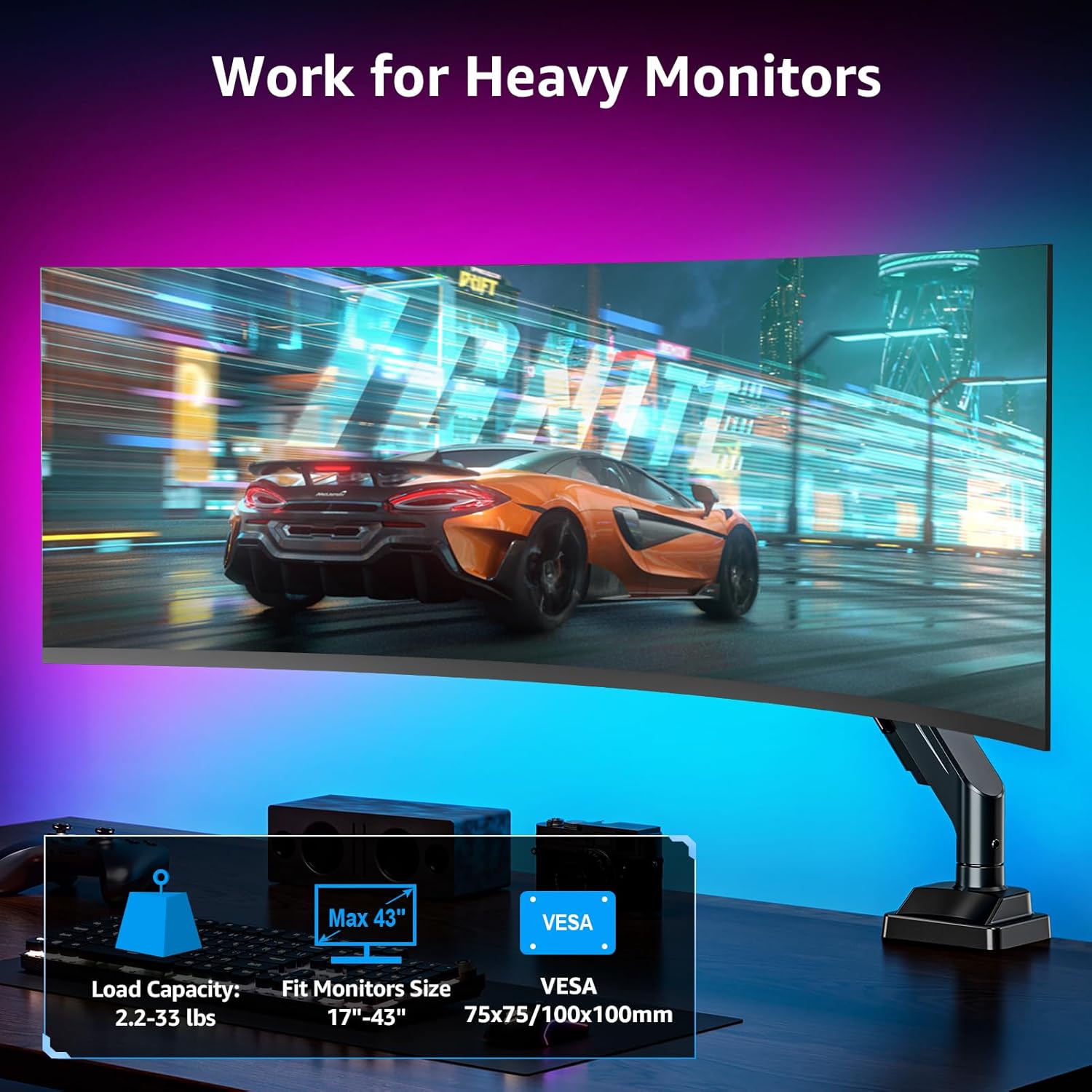 MOUNTUP Ultrawide Monitor Arm for 17-43 inch Curved Screen, Holds 2.2 to 33 lbs, Heavy Duty Monitor Desk Mount, Adjustable Gas Spring Arm, Computer Monitors Stand for Desk, VESA Mount