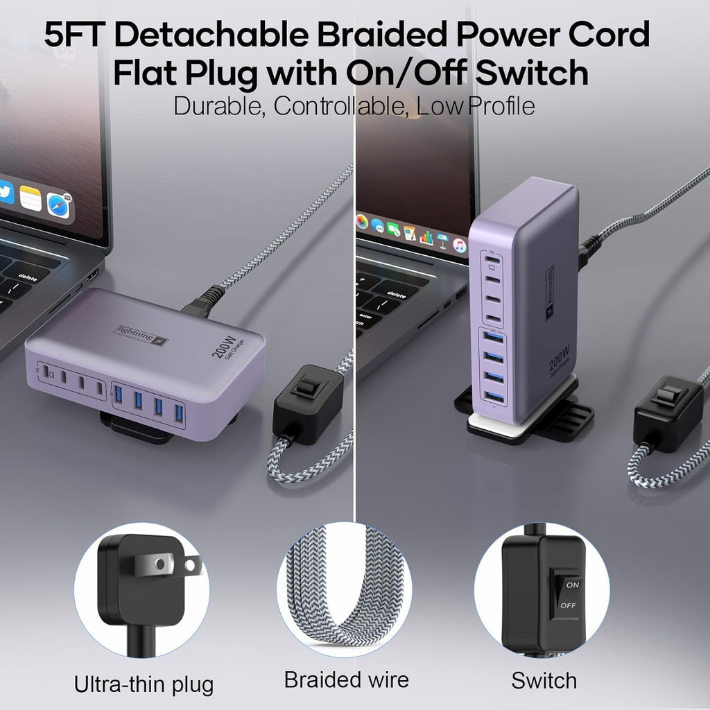 8-Port Type C Fast Charger Block 200W with Flat Plug, Braided Power Cord, and On/Off Switch- USB Charging Hub for iPhone, iPad, MacBook and More- 65W C Port Power Adapter for Laptops