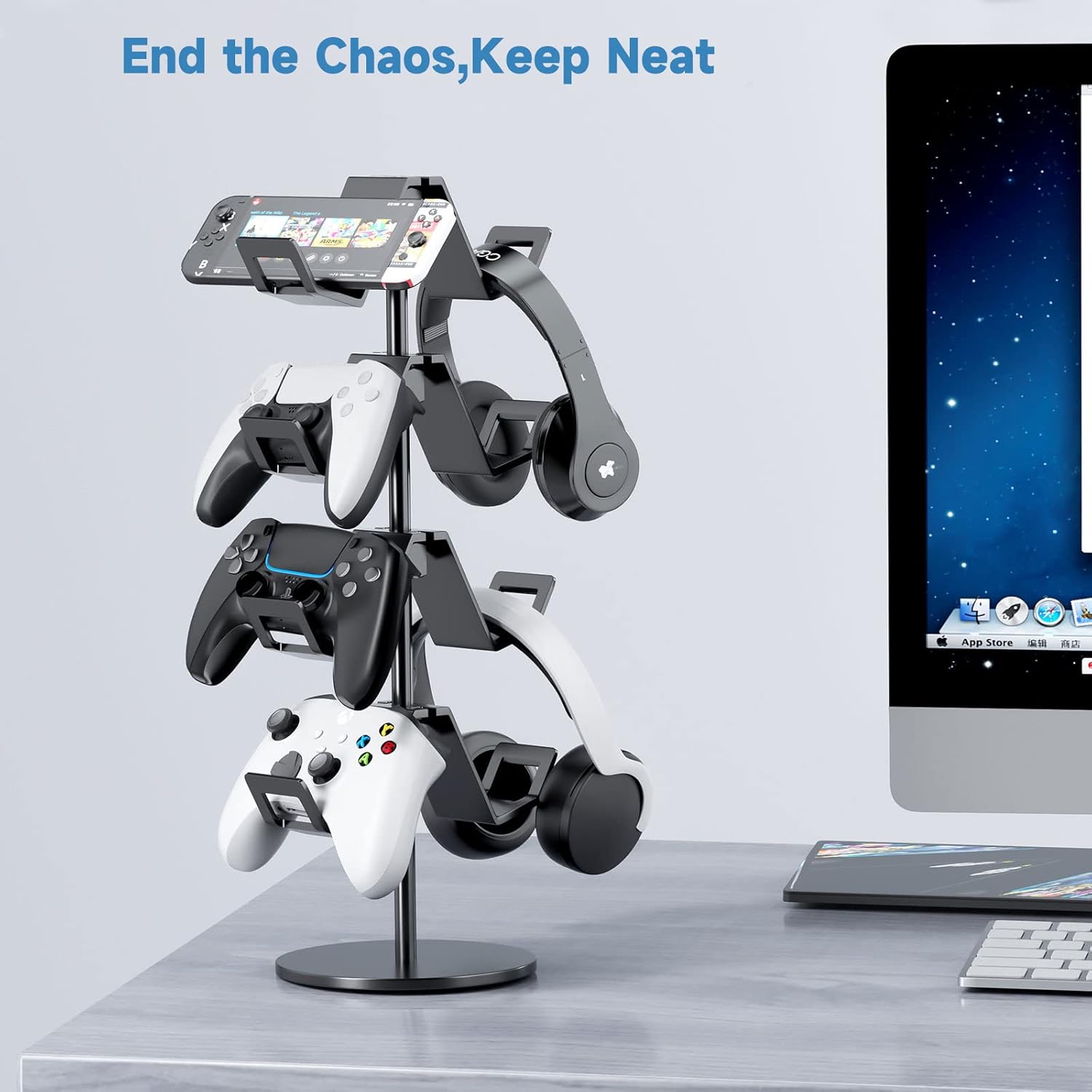 Controller Holder 4 Tier,Headphone Stand - Adjustable Headset Holder for Xbox PS5 PS4 Switch Pro - Gaming Storage for Universal Game Accessories,Desk/Floor(Black)