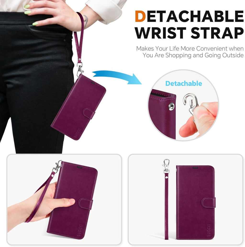 TUCCH Case for Galaxy S25, [Detachable] 2 in 1 Magnetic PU Leather Wallet Case Wrist Strap RFID Blocking Wireless Charging 4 Card Slot Kickstand Removable Flip Folio Cover for Galaxy S25, Plum Purple