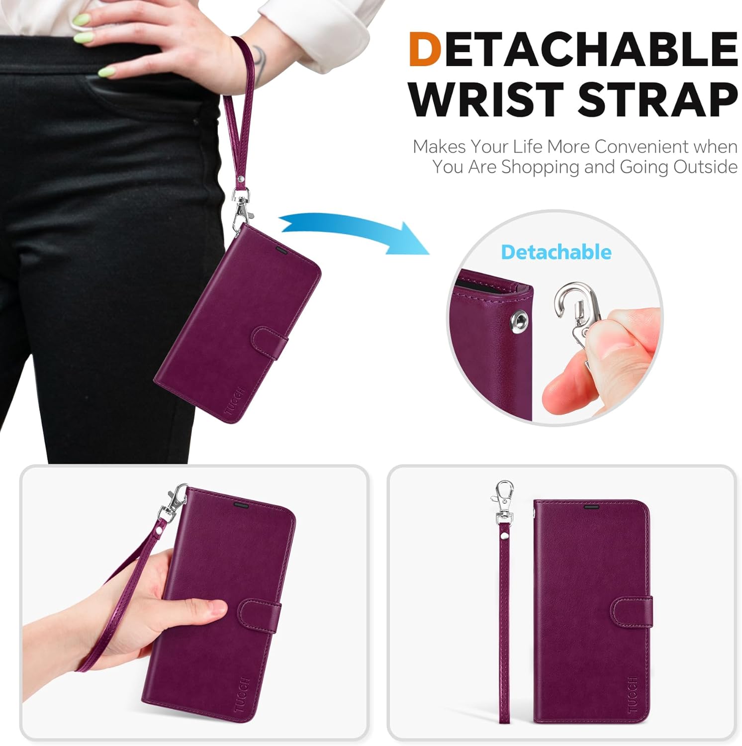 TUCCH Case for Galaxy S25 Edge, [Detachable] 2 in 1 Magnetic PU Leather Wallet Wrist Strap RFID Blocking Wireless Charging 4 Card Holder Kickstand Removable Flip Cover for Galaxy S25 Edge, Plum Purple