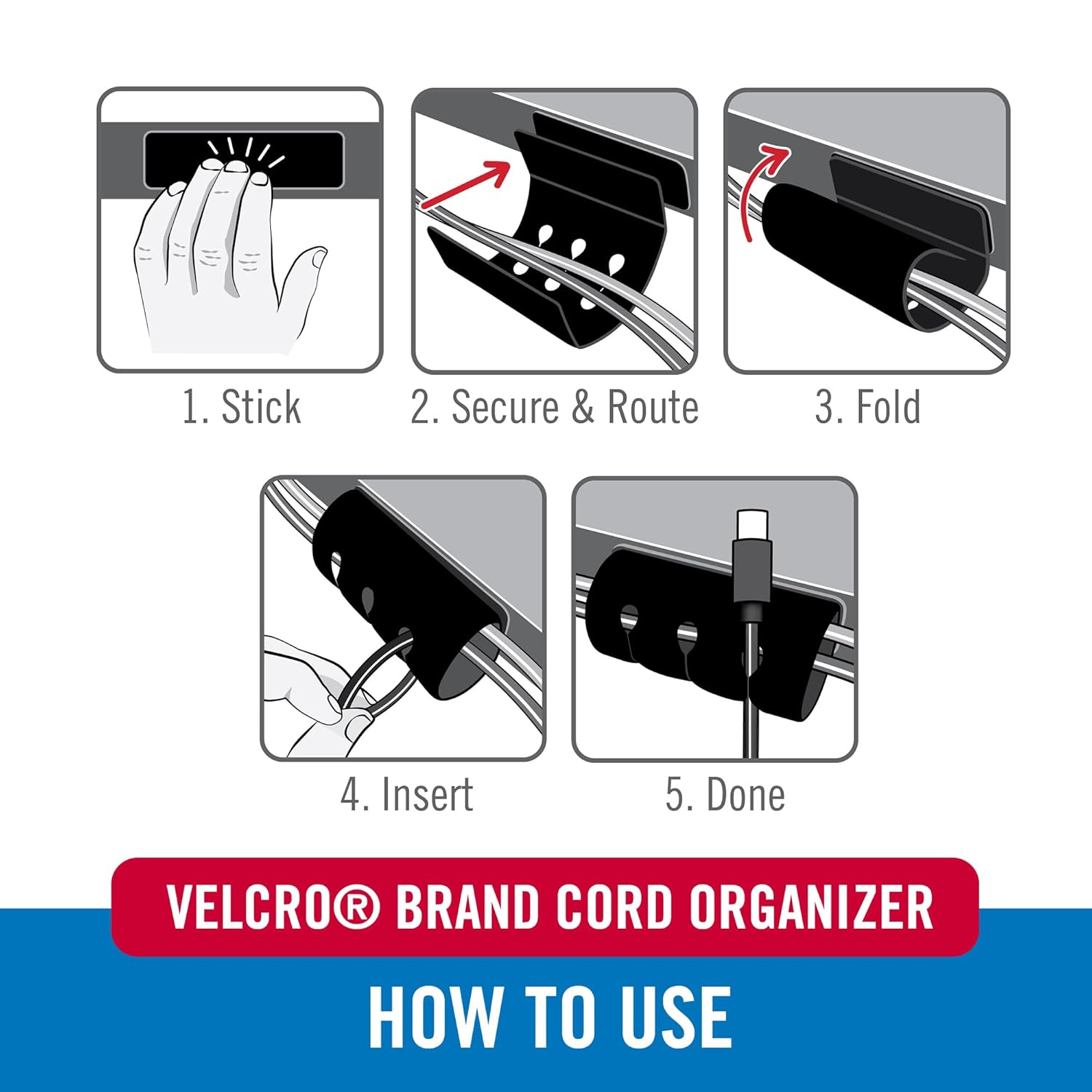 VELCRO Brand Cord Organizer for Desk & Nightstand, 5 Cable Slots with Sleeve Routing, Adhesive Wire Holder for Cord Management, Home, Workshop, Gaming & Office Essentials, Black 2 Pack