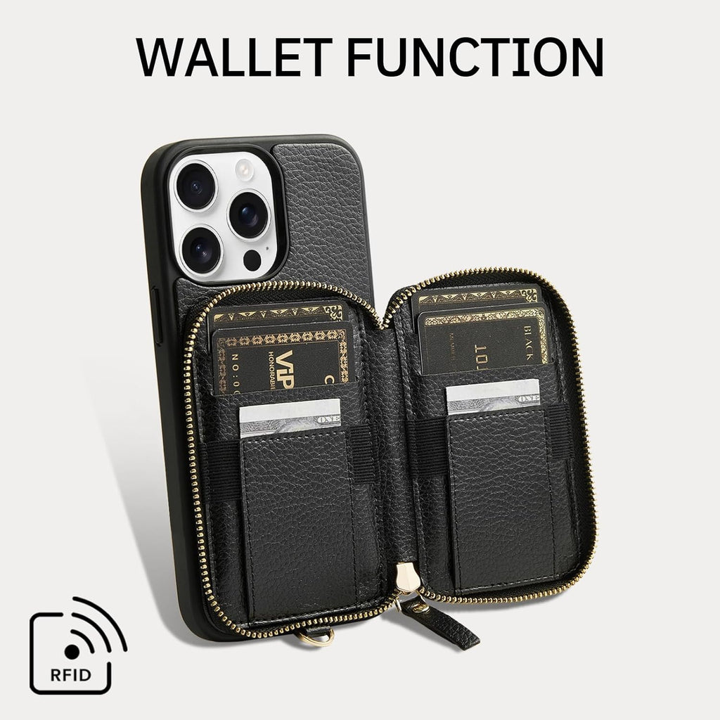 ZVE for iPhone 15 Pro Max Wallet Case with Card Holder Wrist Strap, RFID Blocking Zipper Leather Cover for Women for iPhone 15 Pro Max, 6.7"(2023) - Black