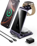 Intoval 3 in 1 Wireless Charging Station for iPhone 16 15 14 13 12 11 X Pro Max, Wireless Charger for Apple Watch 10 Ultra 3 SE 9 8 7 6 5 4 3 2, for AirPods 4 Pro Pro 2 3 (Y93, Purple)