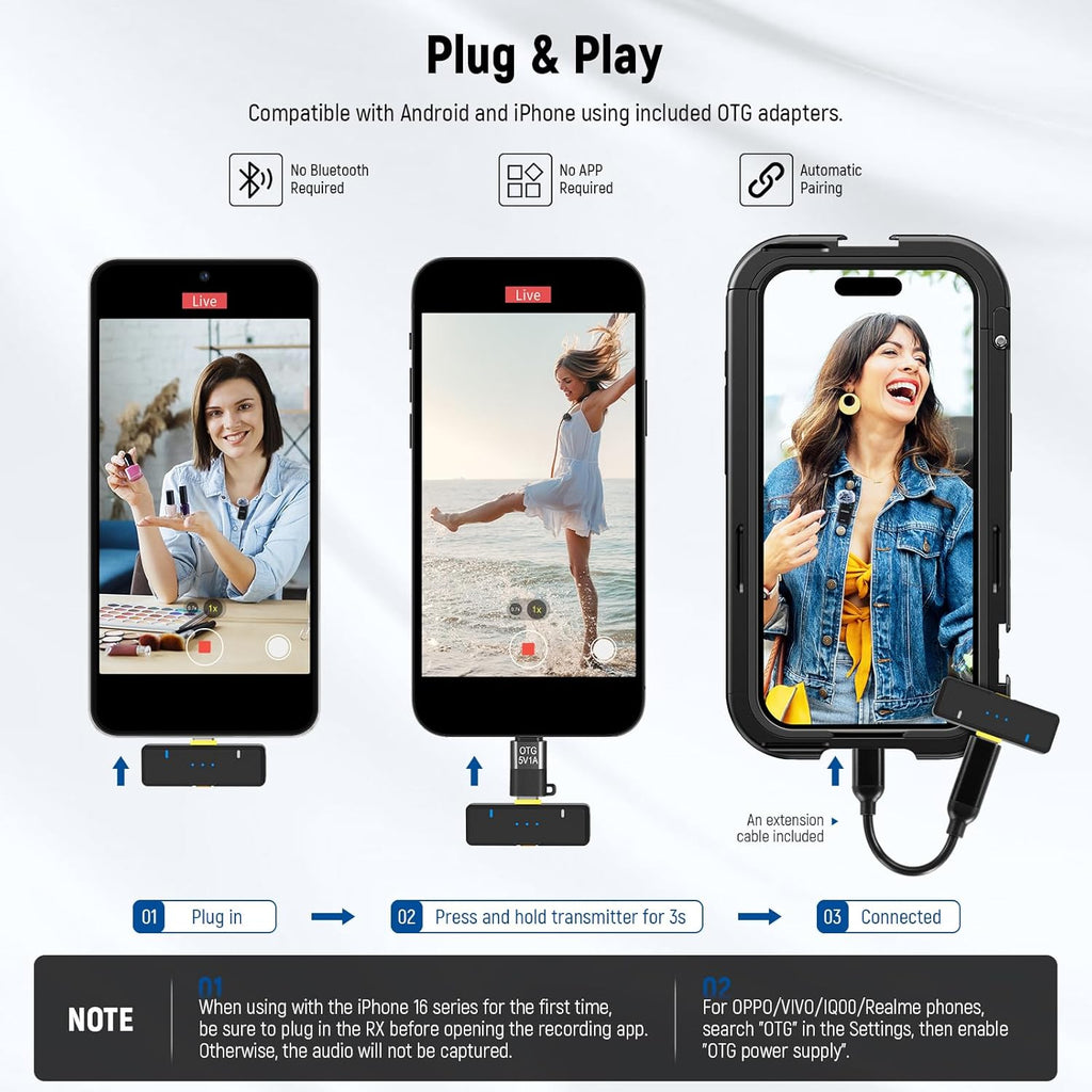 NEEWER KM15 Wireless Lavalier Microphone System Compatible with iPhone Android Phone PC Computer, Mini USB C Noise Cancelling Lapel Mic, 300m Range 48KHz/24Bit 9H Battery for Video Recording Streaming
