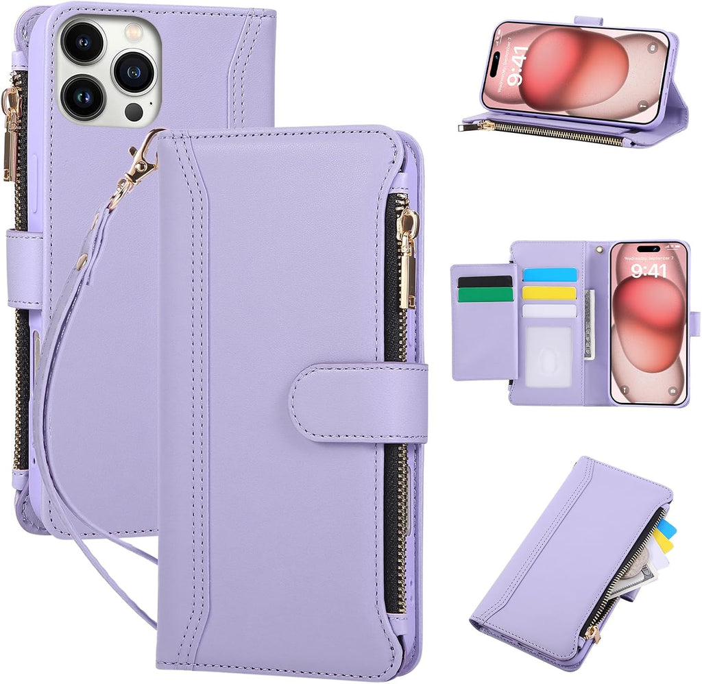 Compatible with iPhone 15 Pro Wallet Phone Case-PU Leather Magnetic Flip Cover with Credit Card Slots,Zipper Pocket & Detachable Wrist Strap,Shockproof Design,for Women and Men-Purple
