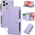 Compatible with iPhone 14 Pro Wallet Phone Case-PU Leather Magnetic Flip Cover with Credit Card Slots,Zipper Pocket & Detachable Wrist Strap,Shockproof Design,for Women and Men-Purple