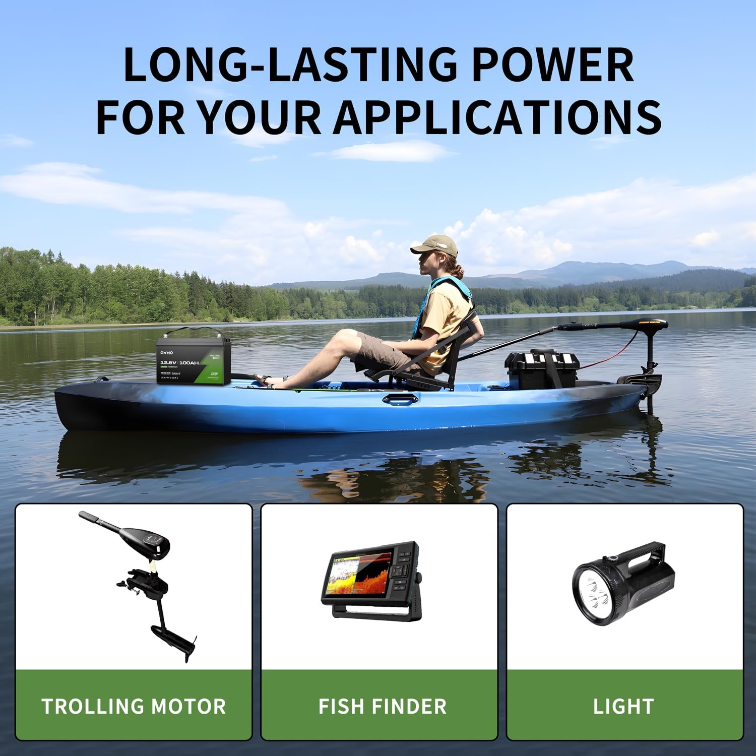 OKMO 12V 100Ah TM LiFePO4 Battery, Lithium Battery 150A BMS with Bluetooth, 10 Years Lifetime 15000+ Deep Cycles,for Marine, RV, Trolling Motor, Boat, Camper, Low Temperature Protection