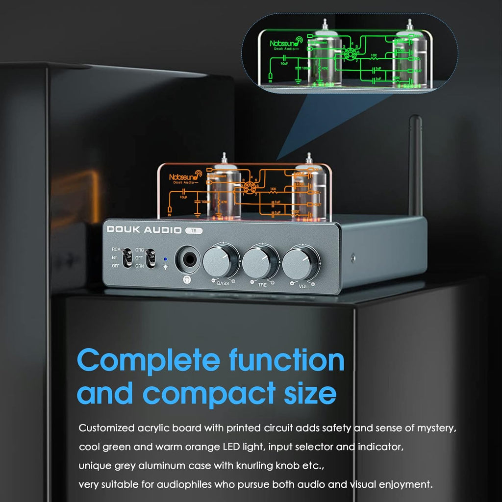 Douk Audio T6 2 Channel 80 watts x2 Bluetooth Tube Amplifier Hi-Fi Stereo Power Amp Audio Wireless Receiver with Headphone/Line Output & Treble Bass Tone Control
