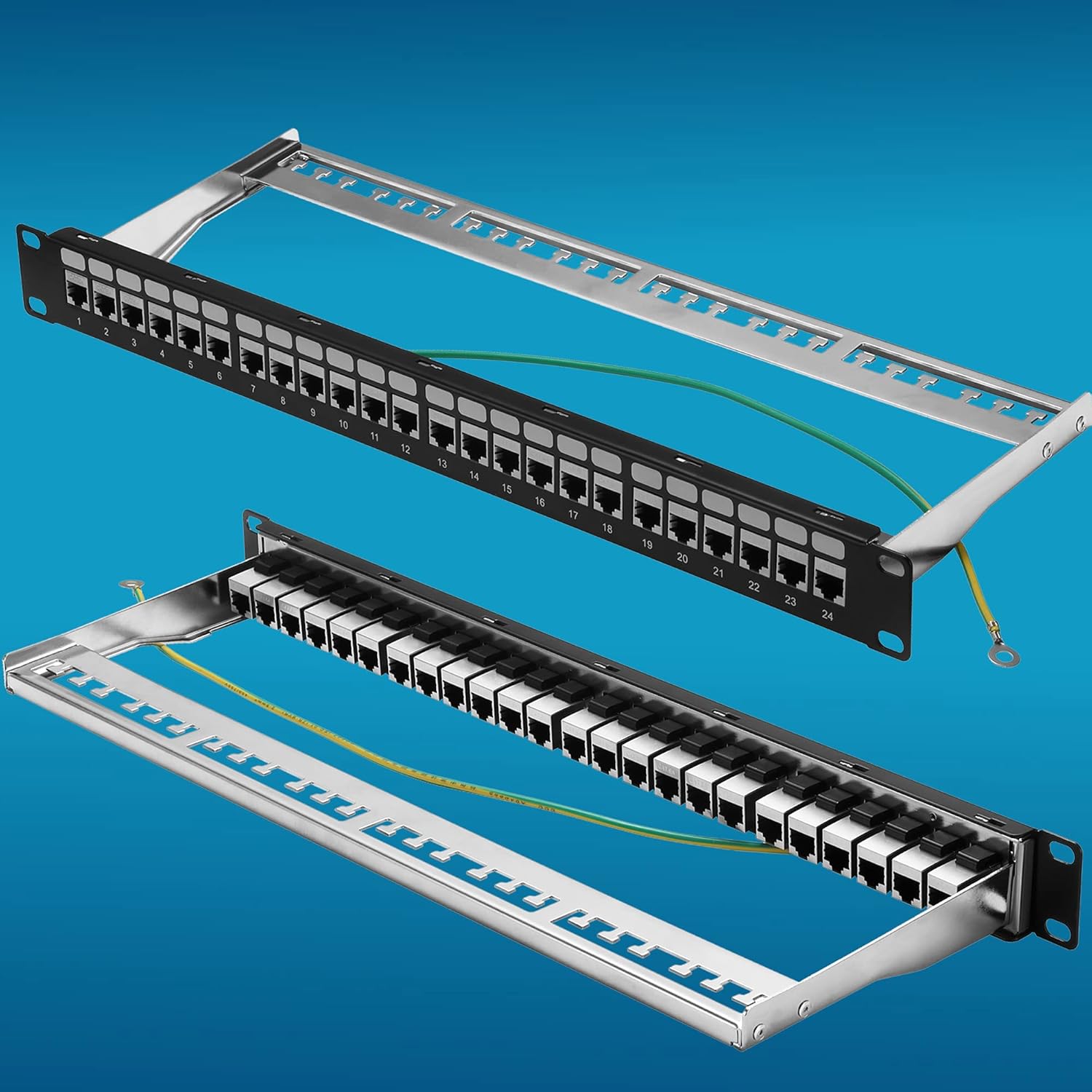 Rapink Patch Panel 24 Port Cat6A with Inline Keystone 10G Support, Coupler Patch Panel STP Shielded 19-Inch with Removable Back Bar, 1U Network Panel for Cat7, Cat6, Cat6A, Cat5e