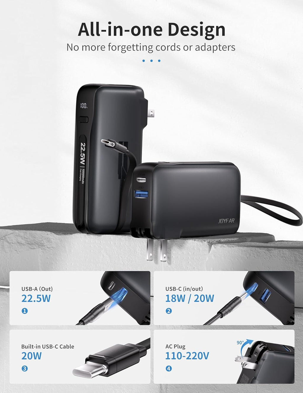 1 Pack Portable Charger with Built-in USB-C Cable & Plug, 10,000mAh 5V/4.5A Power Bank Fast Charging 22.5W, Travel Essential Battery Pack 3 Output for iPhone 16/15 Series, Samsung Galaxy, iPad