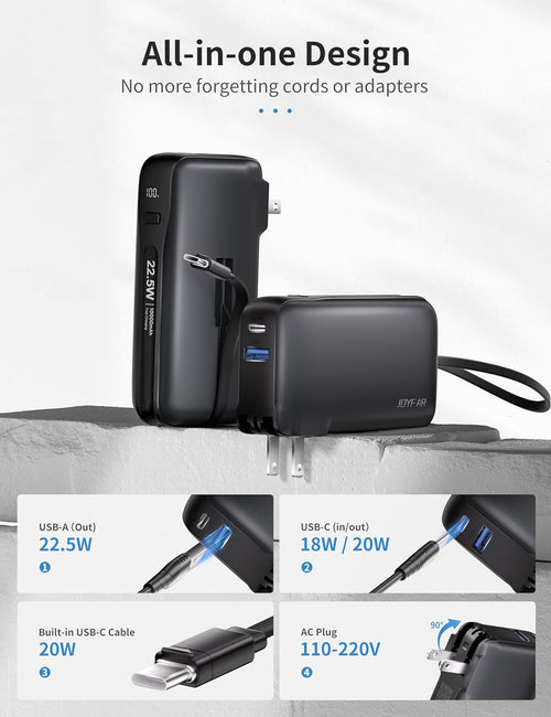 1 Pack Portable Charger with Built-in USB-C Cable & Plug, 10,000mAh 5V/4.5A Power Bank Fast Charging 22.5W, Travel Essential Battery Pack 3 Output for iPhone 16/15 Series, Samsung Galaxy, iPad
