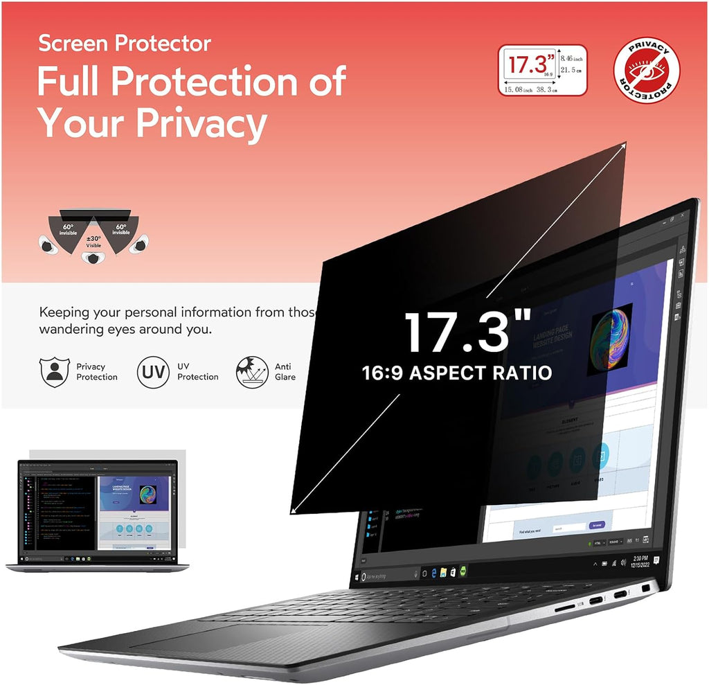 bersem 17.3 Inch Laptop Privacy Screen for 16:9 Ratio Computer Monitor, Anti-Glare, Blue Light Filter, Removable, UV-Blocking, 1 Pack