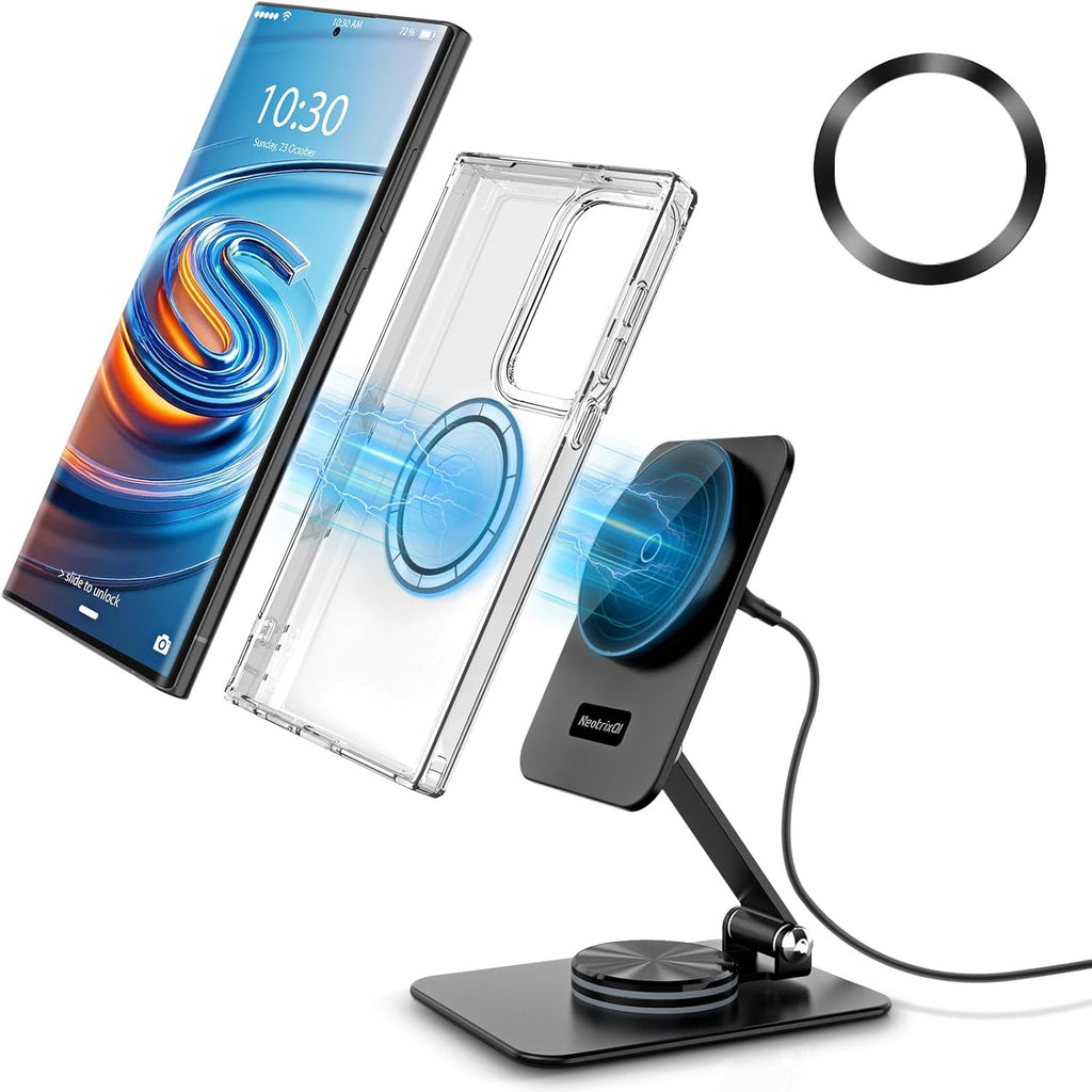 Compatible with MagSafe Charger, 15W MagSafe Charger Stand, 360°Rotation Base Adjustable Foldable Wireless Charger for Samsung Galaxy S25 Ultra/Z Fold7/Flip7/iPhone 16/Pixel 10 Pro/Pixel 10 Pro Fold