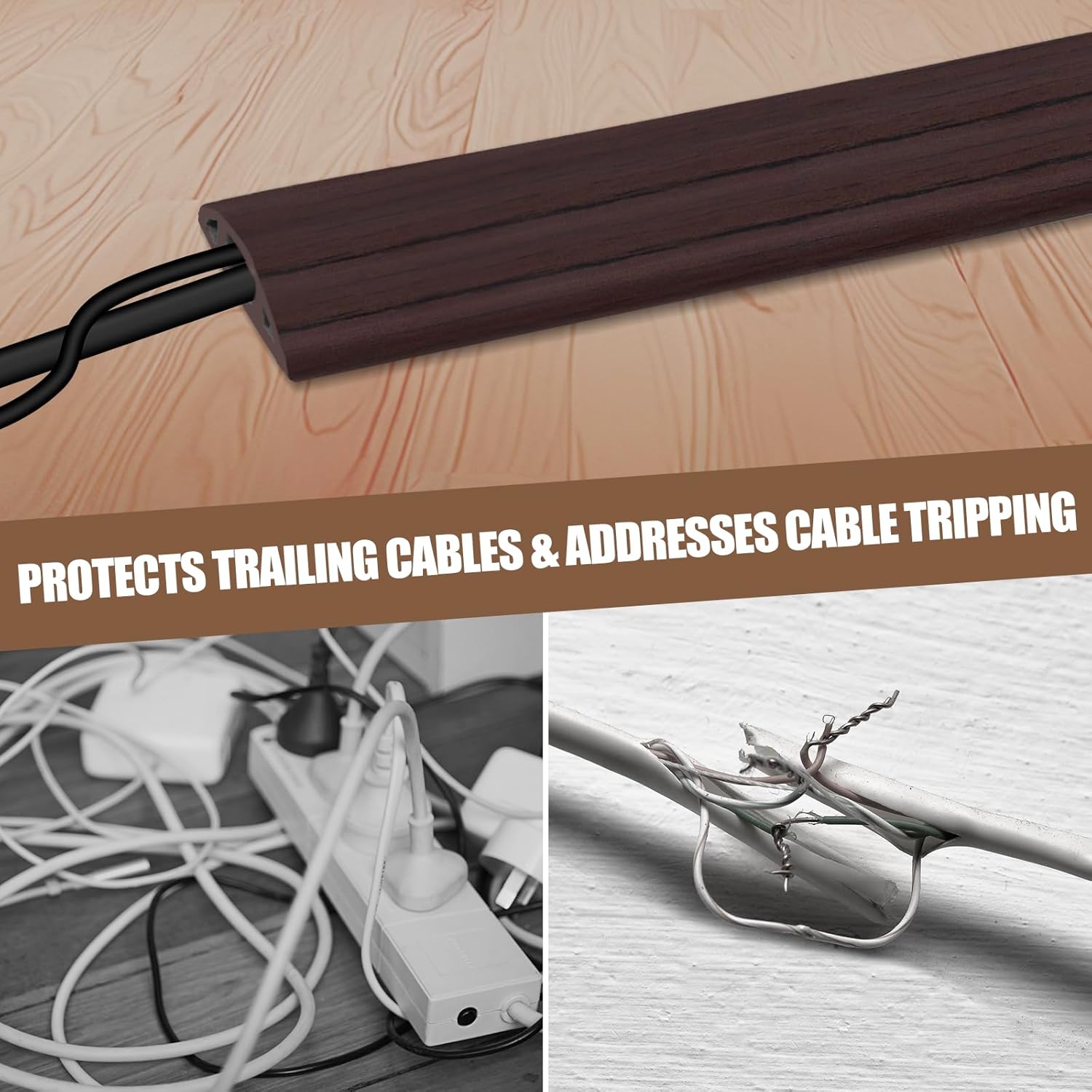 Floor Cord Cover Cavity 0.8"x0.37" Self Adhesive Cord Hider, 3.3FT Low Profile Cable Management, Extension Strip Protector for Wires, Prevent Cable Trips for Offices, Gyms, Exhibitions (Black Wood)