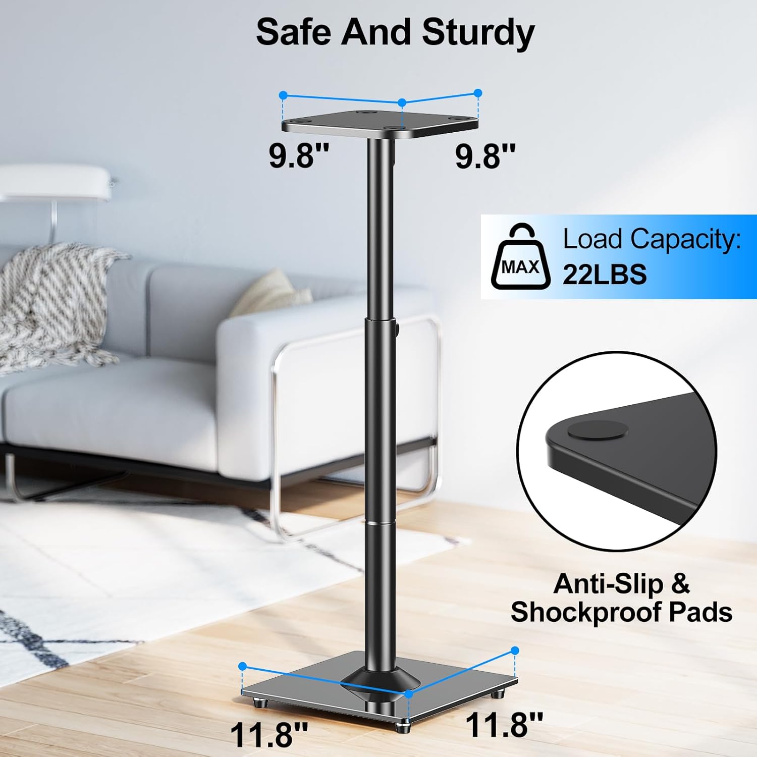 MOUNTUP Universal Speaker Stands Pair 28.3" to 37.4" Height Adjustable Floor Speaker Stands, Holds Bookshelf & Satellite Speaker Large Speaker, Up to 22LBS Cable Concealing 9.8" Plate Black MU9132-L