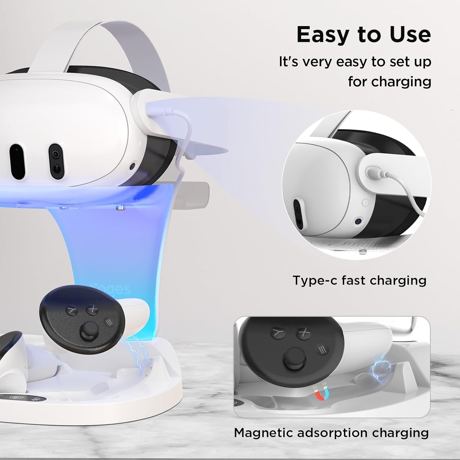 YOGES Charging Dock for Meta Quest 3S, Quest 3 Fast Charging Station with 2 Rechargeable Batteries kit, VR Heatset Charging Stand Dock for Oculus Quest 3/ Quest 3S Accessories, Support Elite Strap