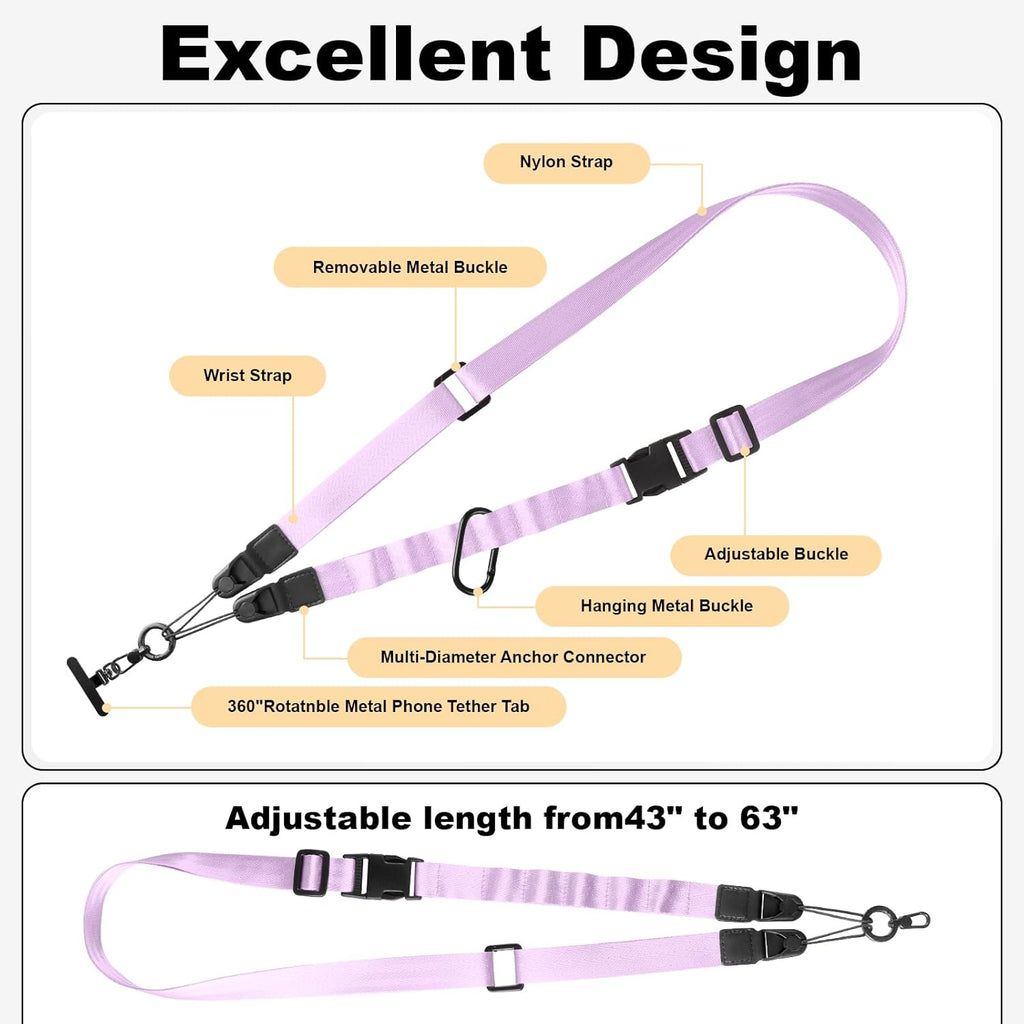 Adjustable Crossbody Phone Lanyard, Universal Phone Wrist Strap and Phone Neck Strap with Tether Tab, Phone Lanyard with Quick Release, Suitable for iPhone and Most Smartphones, Light Purple