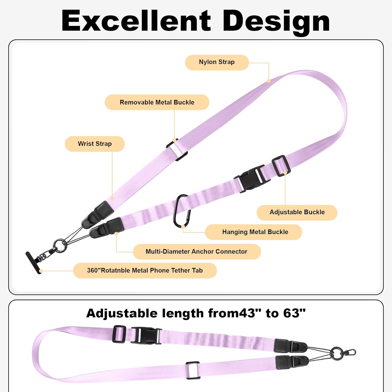 Adjustable Crossbody Phone Lanyard, Universal Phone Wrist Strap and Phone Neck Strap with Tether Tab, Phone Lanyard with Quick Release, Suitable for iPhone and Most Smartphones, Light Purple