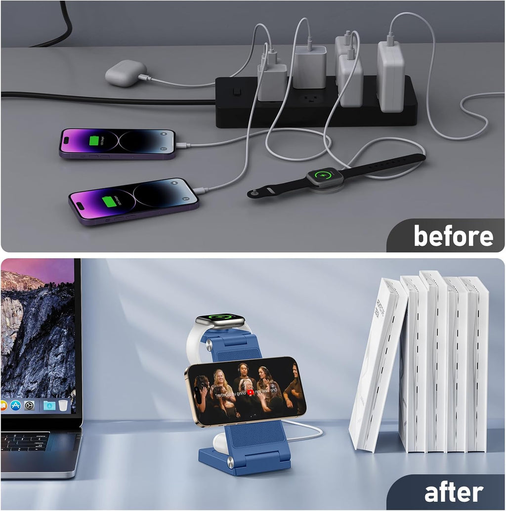 Magnetic Wireless Charger Stand, 3 in 1 Foldable Wireless Charging Station, Travel Charger for Multiple Devices for iPhone 16 15 14 13 12 Series, Apple Watch Ultra/SE/9/8/7/6/5/4/3/2, AirPods