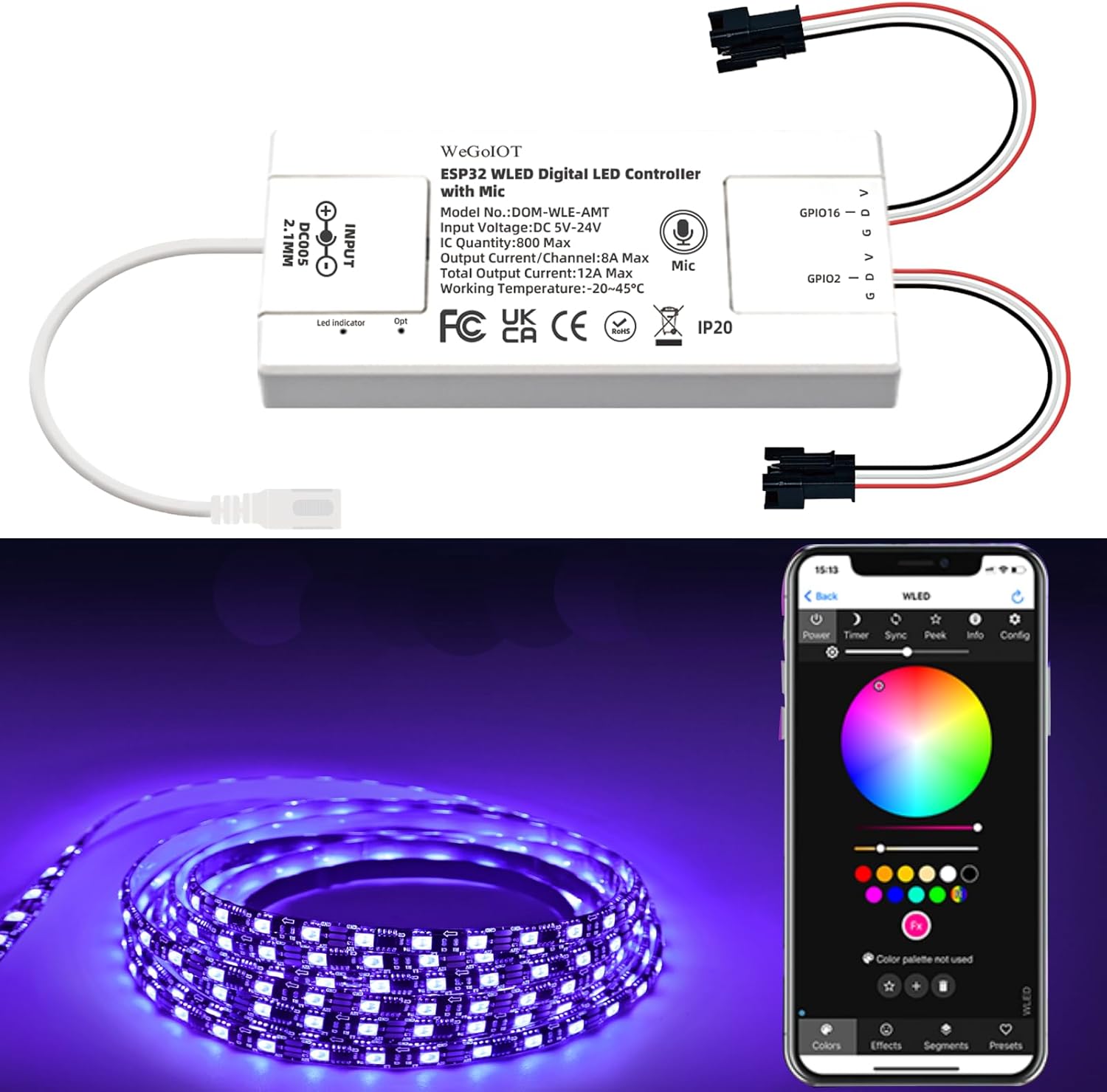 ESP32 Ultra-Thin WLED Digital Light Strip Controller with Mic Sound Mode DC5-24V RGB IC Digital Dynamic Light WS2811 WS2812B SK6812 SM16703P Flexible DIY FCOB Addressable LED Strip