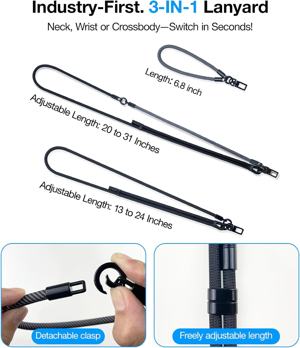 Phone Lanyard Crossbody, 3-in-1 Neck Strap& Wrist Strap, Adjustable Anti-Theft Lanyard with 2 Phone Tether Tabs, Universal Cell Phone Strap for iPhone& Android Case, Travel Essential, Black