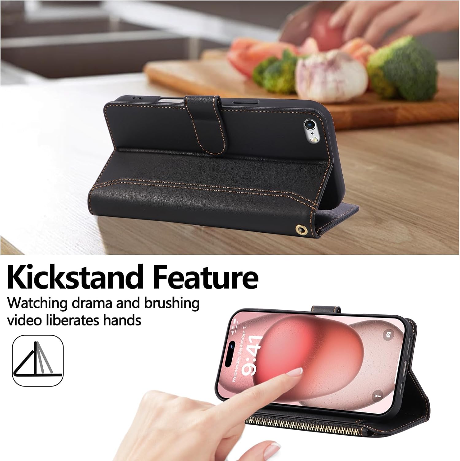 Compatible with iPhone 7/8/SE 2020/SE 2022 Wallet Case PU Leather Shockproof Protective Cover with Credit Card Slots, Zipper Pocket Detachable Wrist Strap,Unisex Design for Men/Women-Black