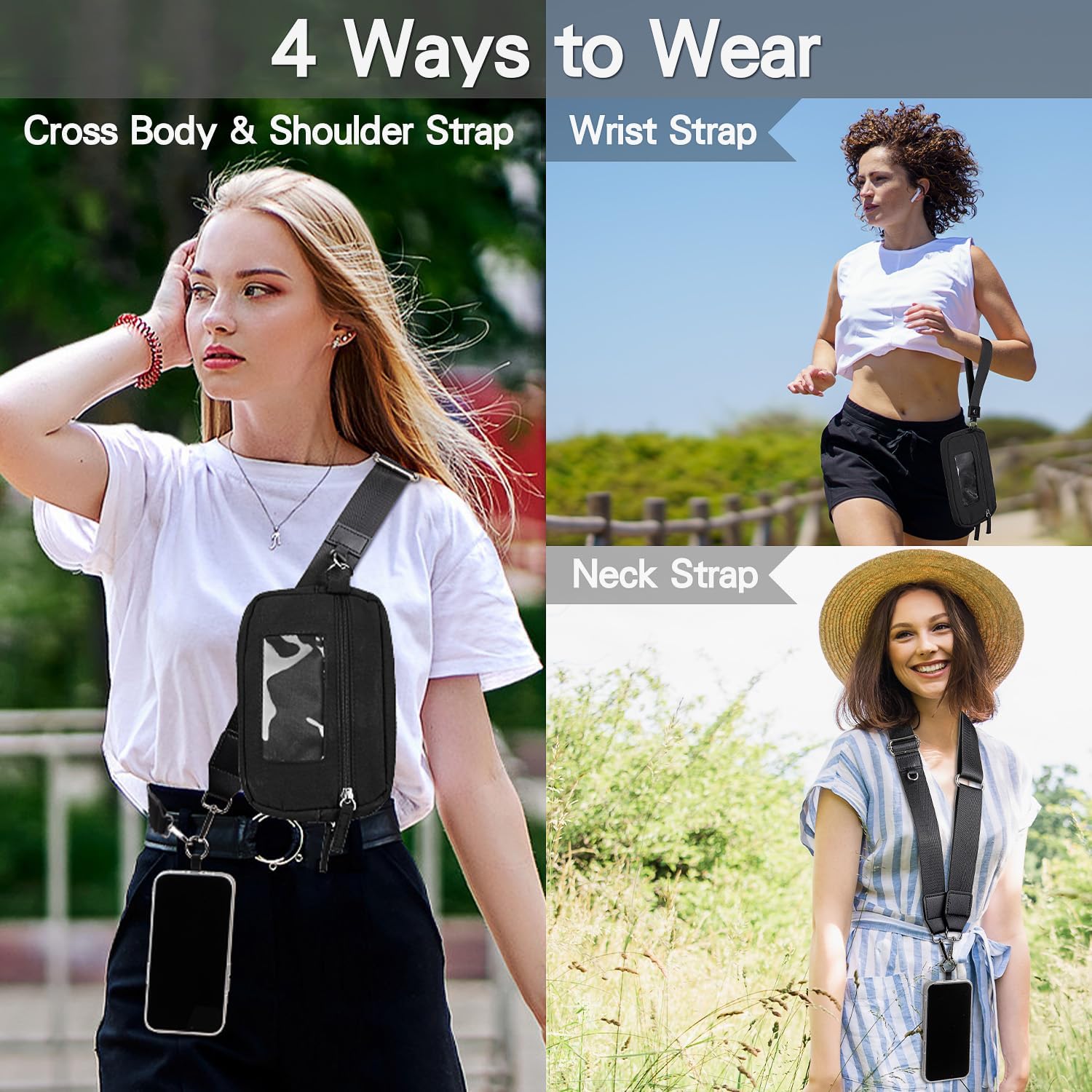 Clip & Go Phone Strap Crossbody with Wallet, 2 Pcs-Crossbody Lanyard with a Zipper Bag & Wrist Lanyard-1 Pad, Save Girls Phone Strap with Pouch, Universal Adjustable Neck Cellphone Holder (Black)