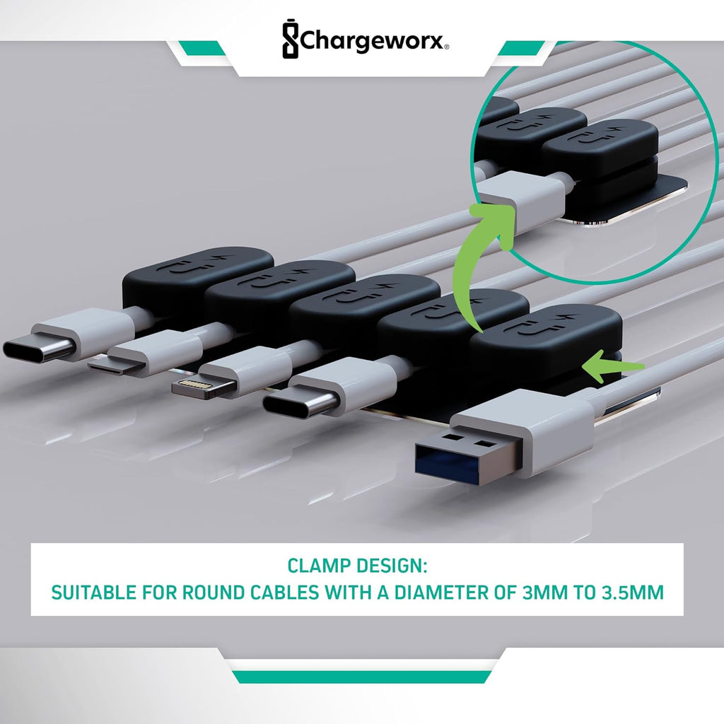 Magnetic Cable Clips [10-Pack] – Chargeworx Cord Organizer for Desk, Nightstand, Car, Wall – Strong Adhesive Wire Holder for USB-C, Lightning, Micro-USB – Tangle-Free, Snap-On, Easy Cable Management