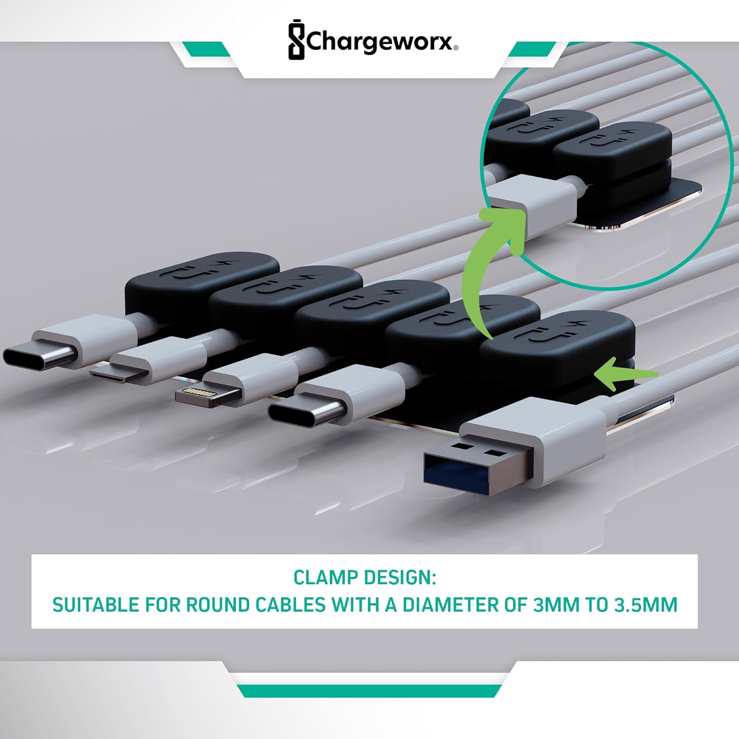 Magnetic Cable Clips [10-Pack] – Chargeworx Cord Organizer for Desk, Nightstand, Car, Wall – Strong Adhesive Wire Holder for USB-C, Lightning, Micro-USB – Tangle-Free, Snap-On, Easy Cable Management