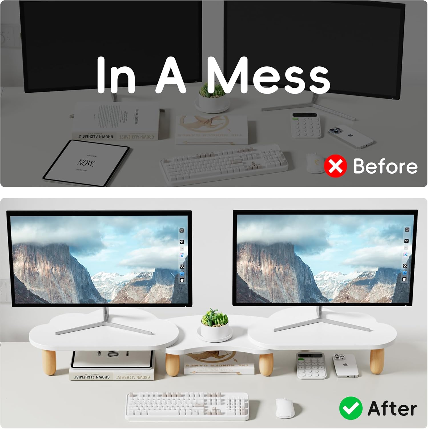 Dual Monitor Stand Riser,Rainbow Cloud Desktop Computer Stand for 2 Monitors,Adjustable Length and Angle Multifunctional Desktop Organizer Stand for Laptop, PC, Computer, Printer,White