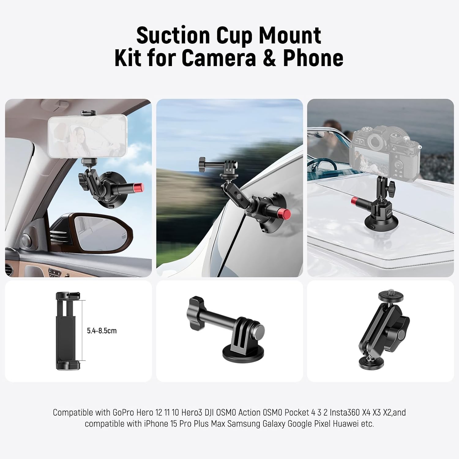 NEEWER 3" Suction Cup Mount with Phone Holder Action Camera Adapter Compatible with iPhone GoPro DJI Insta360, Ball Head Magic Arm Cleaning Cloth Quick Release Car Mount for POV Video Recording, CA104