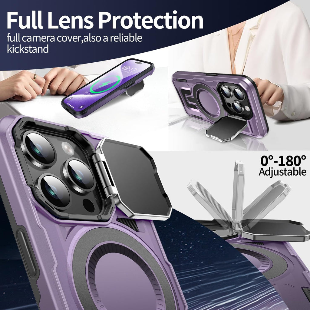 Camera Stand Case for iPhone 15 Pro Max, [Compatible with Mag Safe] [Lens Cover] 2024 Version Military Grade Protective Soft Case for iPhone 15 Pro Max 6.7 inch Men Women, Purple